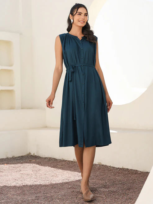 Saheli Teal Blue Rayon Solid A-line Dress