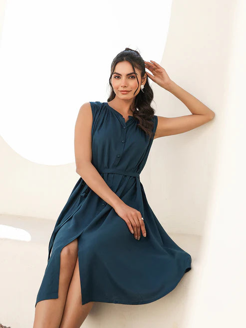 Saheli Teal Blue Rayon Solid A-line Dress