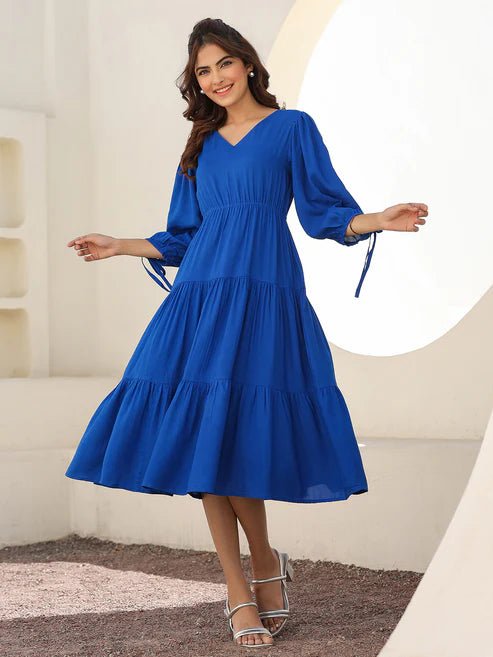 Saheli Royal Blue Rayon Solid Tiered Dress