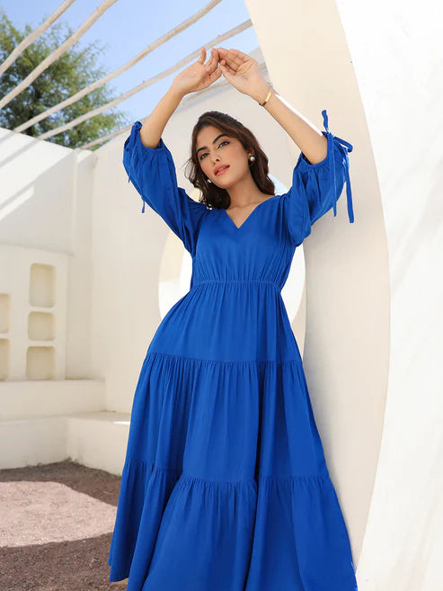 Saheli Royal Blue Rayon Solid Tiered Dress