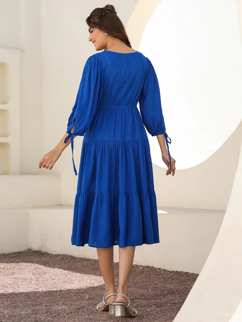 Saheli Royal Blue Rayon Solid Tiered Dress