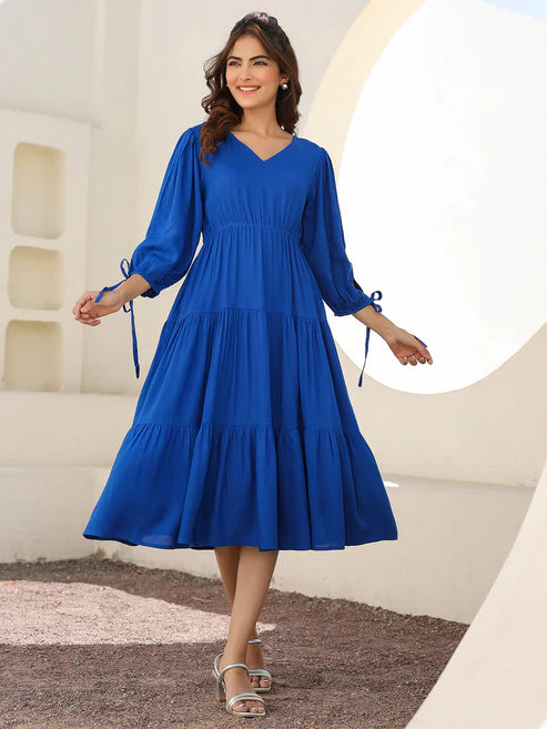 Saheli Royal Blue Rayon Solid Tiered Dress