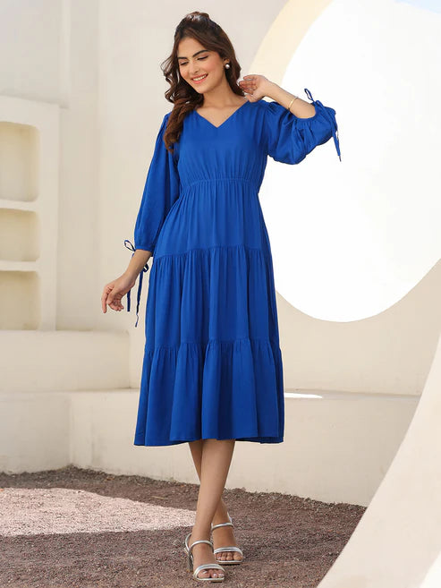 Saheli Royal Blue Rayon Solid Tiered Dress