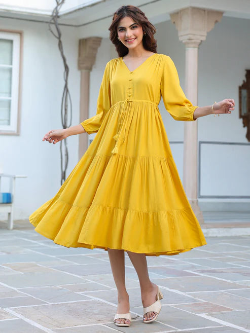Saheli Yellow Rayon Solid Tiered Dress