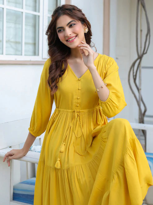 Saheli Yellow Rayon Solid Tiered Dress