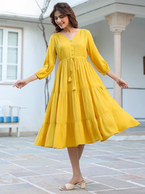 Saheli Yellow Rayon Solid Tiered Dress