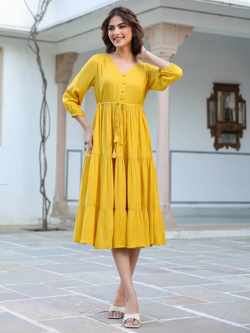 Saheli Yellow Rayon Solid Tiered Dress