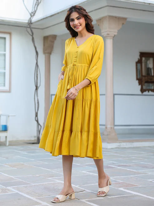 Saheli Yellow Rayon Solid Tiered Dress
