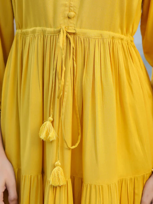 Saheli Yellow Rayon Solid Tiered Dress