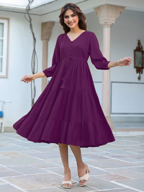 Saheli Purple Rayon Solid Tiered Dress