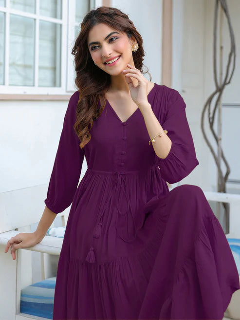 Saheli Purple Rayon Solid Tiered Dress
