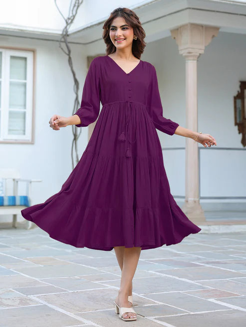 Saheli Purple Rayon Solid Tiered Dress