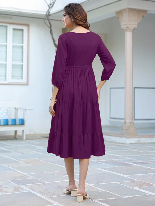 Saheli Purple Rayon Solid Tiered Dress