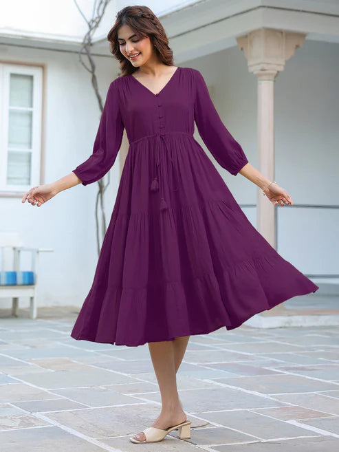 Saheli Purple Rayon Solid Tiered Dress