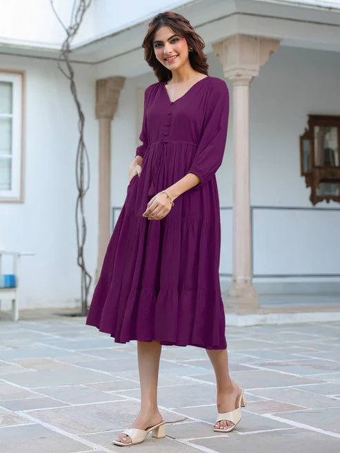 Saheli Purple Rayon Solid Tiered Dress