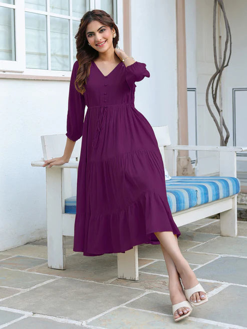 Saheli Purple Rayon Solid Tiered Dress