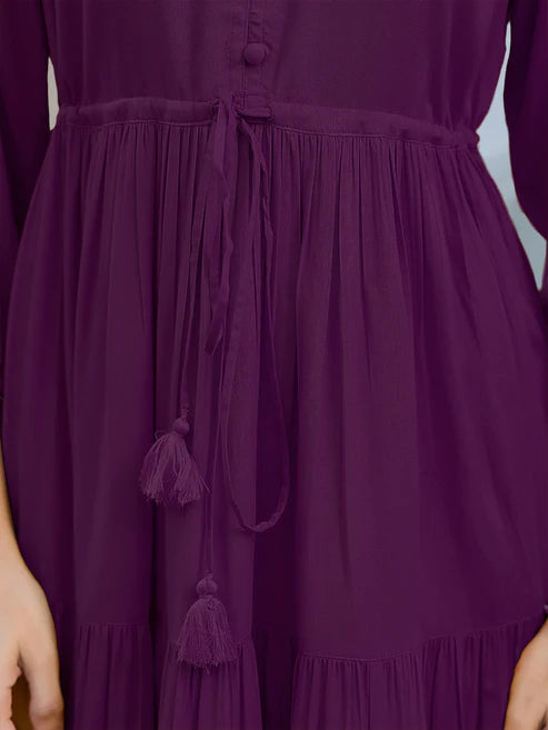 Saheli Purple Rayon Solid Tiered Dress