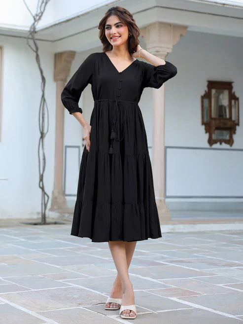Saheli Black Rayon Solid Tiered Dress
