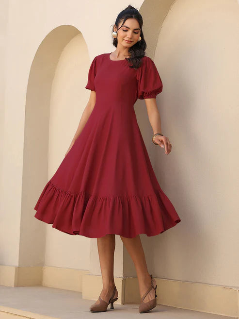 Saheli Maroon Rayon Solid A-line Dress