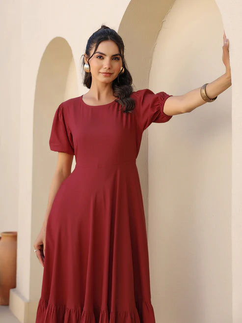 Saheli Maroon Rayon Solid A-line Dress