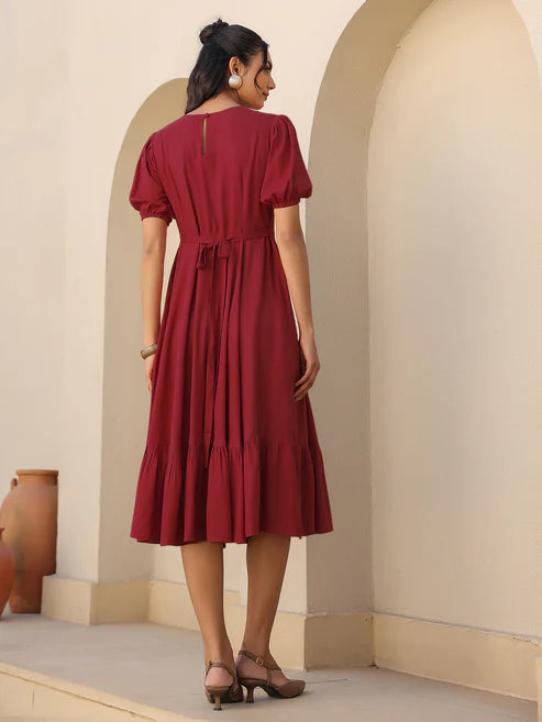 Saheli Maroon Rayon Solid A-line Dress