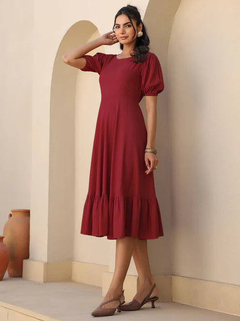 Saheli Maroon Rayon Solid A-line Dress
