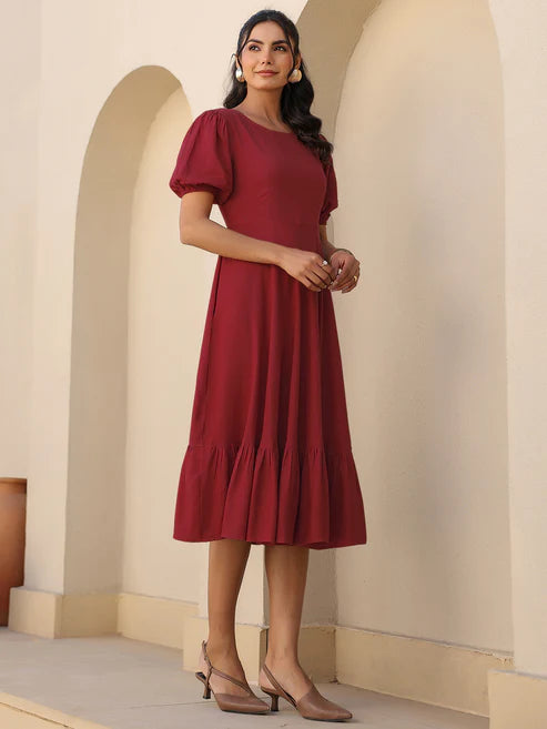 Saheli Maroon Rayon Solid A-line Dress