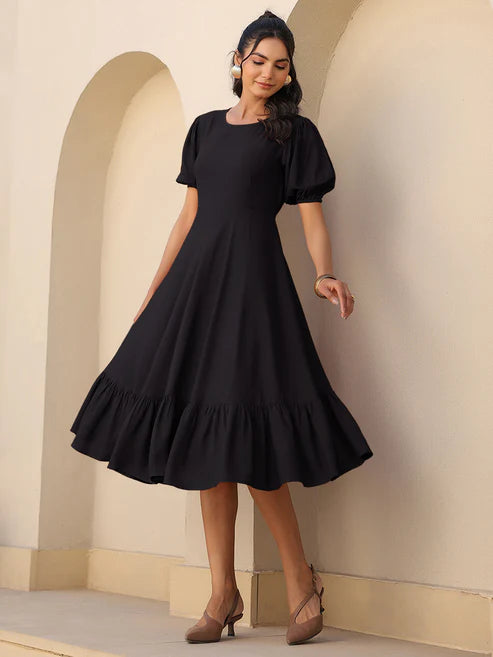 Saheli Black Rayon Solid A-line Dress