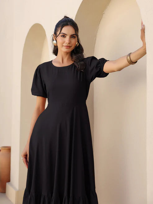 Saheli Black Rayon Solid A-line Dress