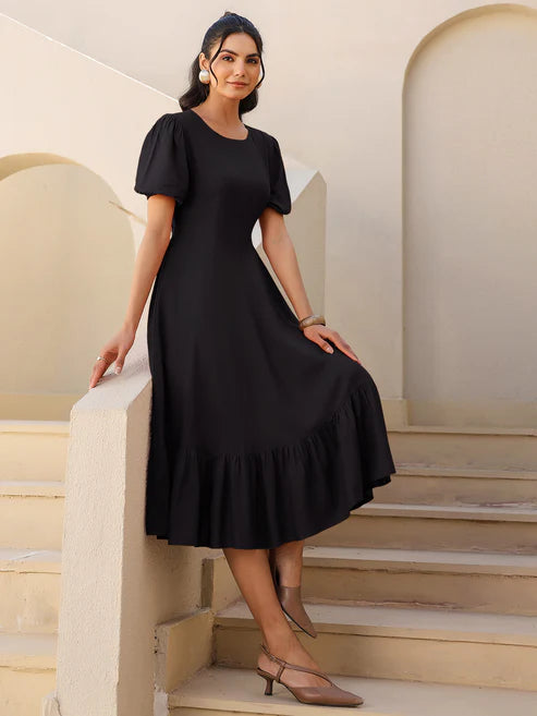 Saheli Black Rayon Solid A-line Dress