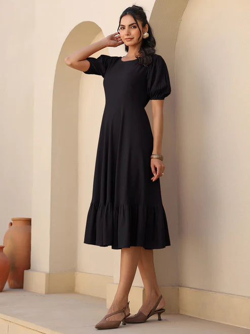 Saheli Black Rayon Solid A-line Dress