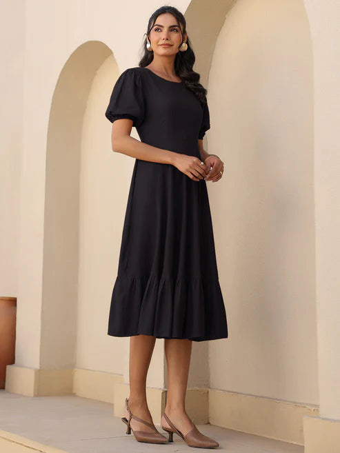 Saheli Black Rayon Solid A-line Dress