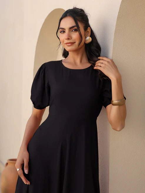 Saheli Black Rayon Solid A-line Dress