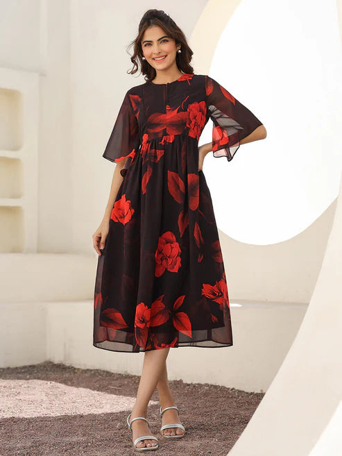 Saheli Black Georgette Floral Printed A-line Dress