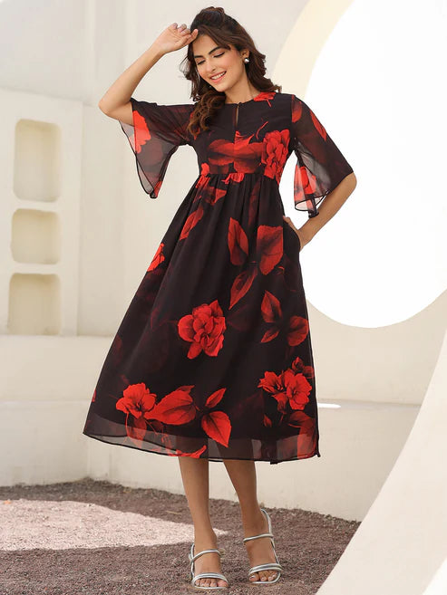 Saheli Black Georgette Floral Printed A-line Dress