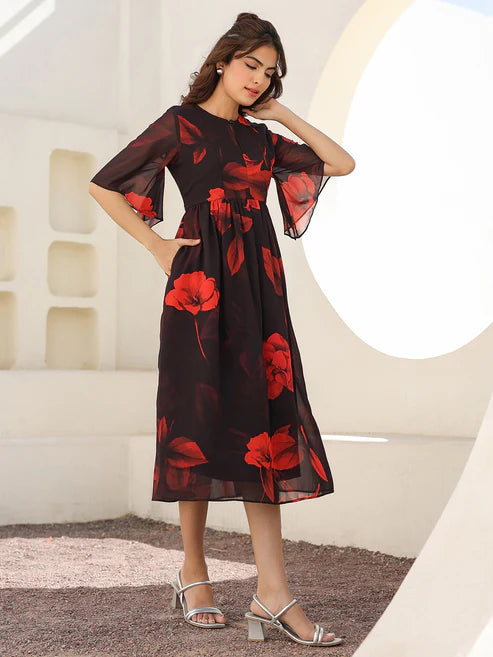 Saheli Black Georgette Floral Printed A-line Dress