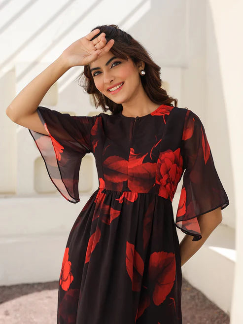 Saheli Black Georgette Floral Printed A-line Dress