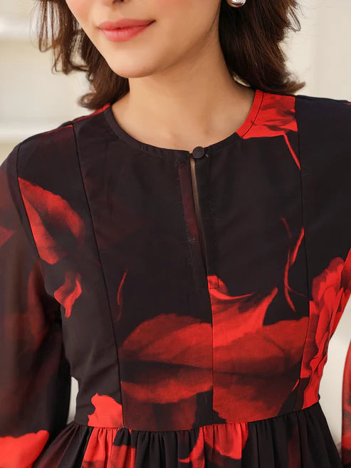 Saheli Black Georgette Floral Printed A-line Dress