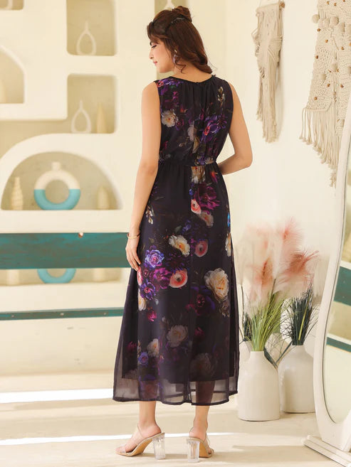 Saheli Black Georgette Floral Printed Gathered Dress