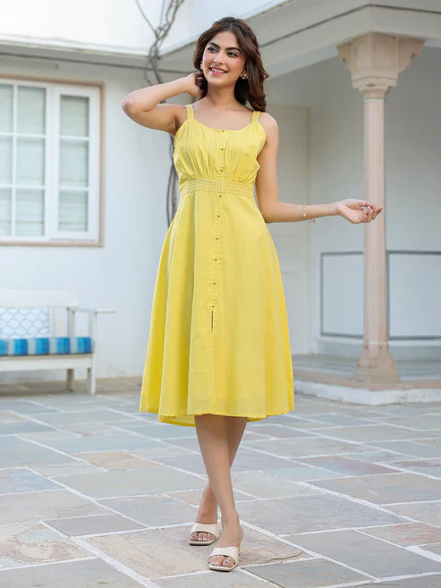Saheli Yellow Pure Cotton Solid A-line Dress