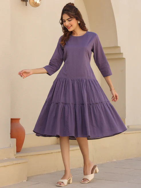 Saheli Lavender Pure Cotton Tiered Dress