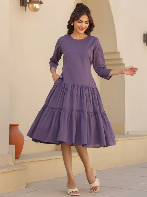 Saheli Lavender Pure Cotton Tiered Dress
