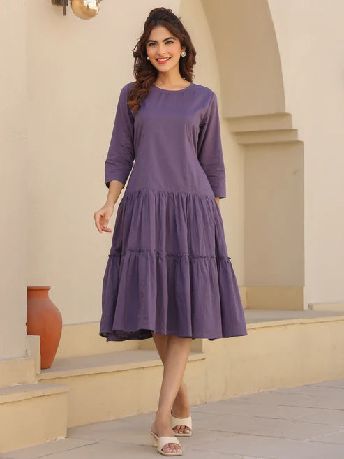 Saheli Lavender Pure Cotton Tiered Dress