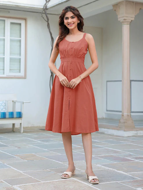 Saheli Rust Pure Cotton Solid A-line Dress