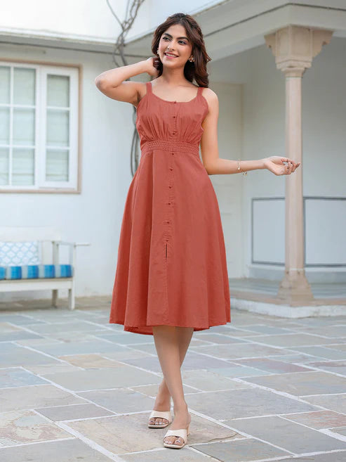 Saheli Rust Pure Cotton Solid A-line Dress