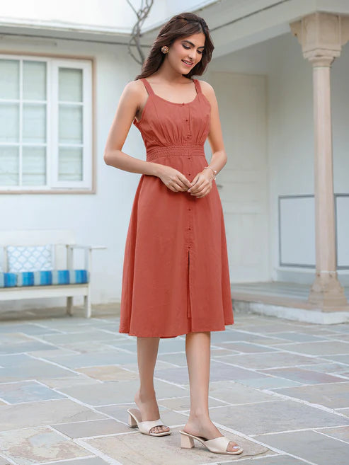 Saheli Rust Pure Cotton Solid A-line Dress