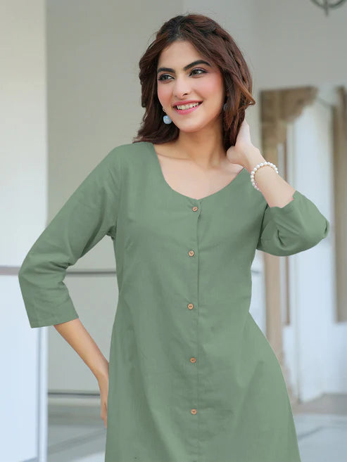 Saheli Green Cotton Solid Straight Dress
