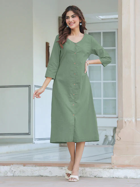 Saheli Green Cotton Solid Straight Dress