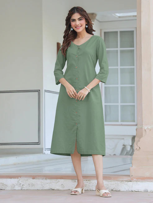 Saheli Green Cotton Solid Straight Dress