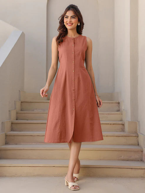 Saheli Rust Cotton Solid A-line Dress
